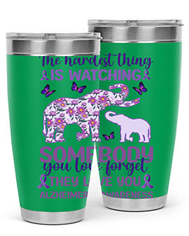 Alzheimer's Awareness Purple Elephant 20oz tumbler featuring a vibrant purple elephant design, made of stainless steel with a drink-thru lid.