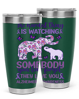 Alzheimer's Awareness Purple Elephant 20oz tumbler featuring a vibrant purple elephant design, made of stainless steel with a drink-thru lid.