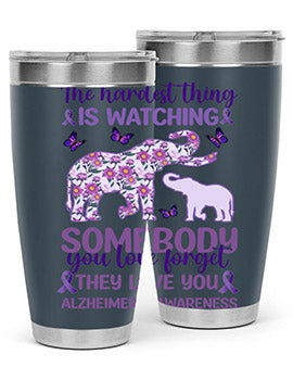 Alzheimer's Awareness Purple Elephant 20oz tumbler featuring a vibrant purple elephant design, made of stainless steel with a drink-thru lid.
