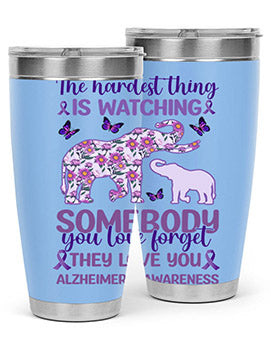 Alzheimer's Awareness Purple Elephant 20oz tumbler featuring a vibrant purple elephant design, made of stainless steel with a drink-thru lid.