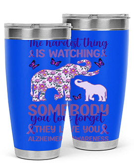 Alzheimer's Awareness Purple Elephant 20oz tumbler featuring a vibrant purple elephant design, made of stainless steel with a drink-thru lid.