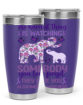 Alzheimer's Awareness Purple Elephant 20oz tumbler featuring a vibrant purple elephant design, made of stainless steel with a drink-thru lid.