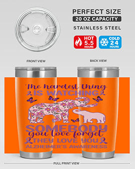 Alzheimer's Awareness Purple Elephant 20oz tumbler featuring a vibrant purple elephant design, made of stainless steel with a drink-thru lid.