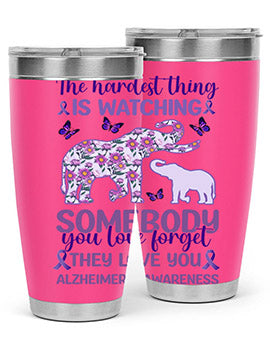 Alzheimer's Awareness Purple Elephant 20oz tumbler featuring a vibrant purple elephant design, made of stainless steel with a drink-thru lid.
