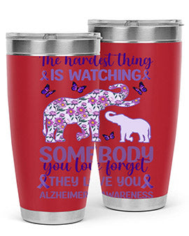 Alzheimer's Awareness Purple Elephant 20oz tumbler featuring a vibrant purple elephant design, made of stainless steel with a drink-thru lid.