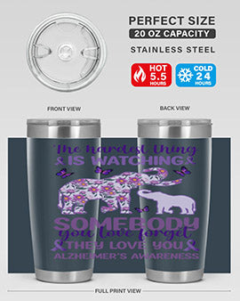 Alzheimer's Awareness Purple Elephant 20oz tumbler featuring a vibrant purple elephant design, made of stainless steel with a drink-thru lid.