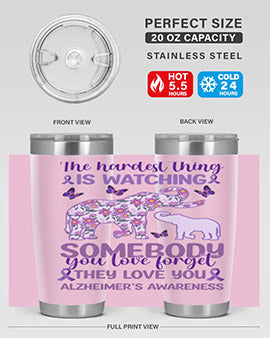 Alzheimer's Awareness Purple Elephant 20oz tumbler featuring a vibrant purple elephant design, made of stainless steel with a drink-thru lid.