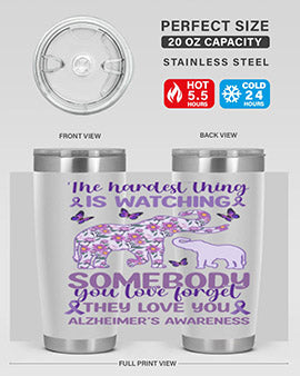 Alzheimer's Awareness Purple Elephant 20oz tumbler featuring a vibrant purple elephant design, made of stainless steel with a drink-thru lid.