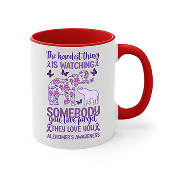 Alzheimer's Awareness Purple Elephant Mug with glossy finish and colorful handle, available in two sizes.