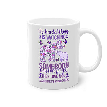 Alzheimer's Awareness Purple Elephant Mug with glossy finish and colorful handle, available in two sizes.