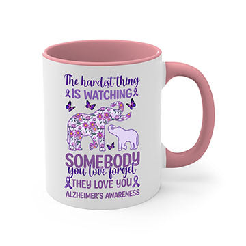 Alzheimer's Awareness Purple Elephant Mug with glossy finish and colorful handle, available in two sizes.