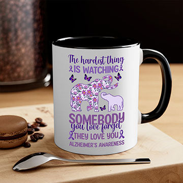 Alzheimer's Awareness Purple Elephant Mug with glossy finish and colorful handle, available in two sizes.