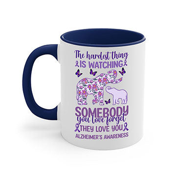 Alzheimer's Awareness Purple Elephant Mug with glossy finish and colorful handle, available in two sizes.