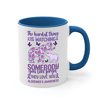 Alzheimer's Awareness Purple Elephant Mug with glossy finish and colorful handle, available in two sizes.