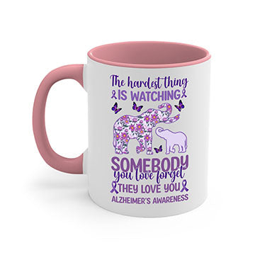 Alzheimer's Awareness Purple Elephant Mug with glossy finish and colorful handle, available in two sizes.