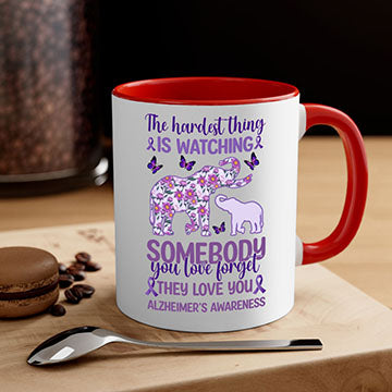 Alzheimer's Awareness Purple Elephant Mug with glossy finish and colorful handle, available in two sizes.