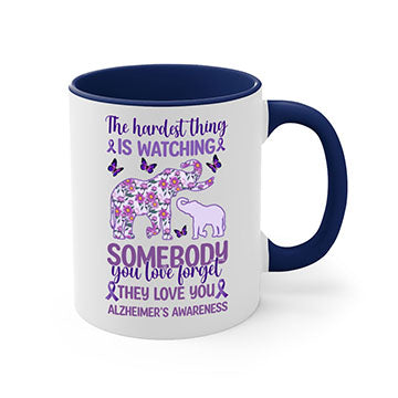 Alzheimer's Awareness Purple Elephant Mug with glossy finish and colorful handle, available in two sizes.