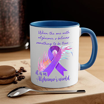 Alzheimer's Awareness Purple Ribbon Mug with glossy finish and colored handle, available in multiple colors and sizes.