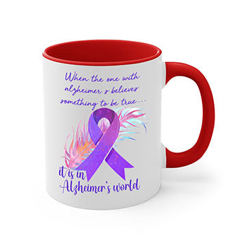 Alzheimer's Awareness Purple Ribbon Mug with glossy finish and colored handle, available in multiple colors and sizes.