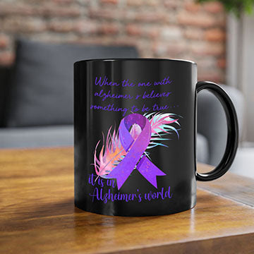 Alzheimer's Awareness Purple Ribbon Mug with glossy finish and colored handle, available in multiple colors and sizes.
