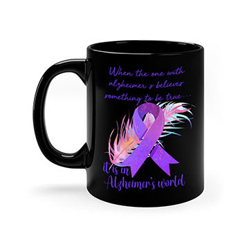 Alzheimer's Awareness Purple Ribbon Mug with glossy finish and colored handle, available in multiple colors and sizes.