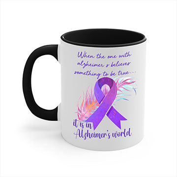 Alzheimer's Awareness Purple Ribbon Mug with glossy finish and colored handle, available in multiple colors and sizes.