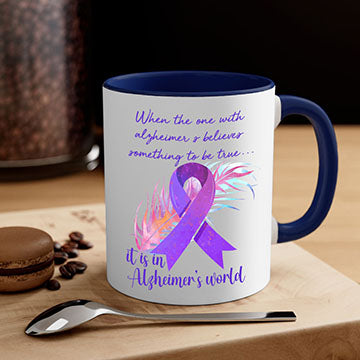 Alzheimer's Awareness Purple Ribbon Mug with glossy finish and colored handle, available in multiple colors and sizes.