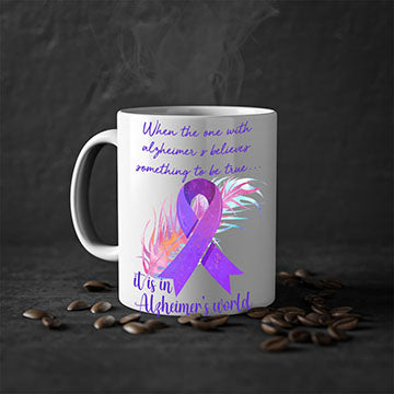 Alzheimer's Awareness Purple Ribbon Mug with glossy finish and colored handle, available in multiple colors and sizes.