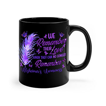 AlzheimerS Awareness Remember Love Mug with a glossy finish, featuring a colored handle and interior, available in multiple colors.