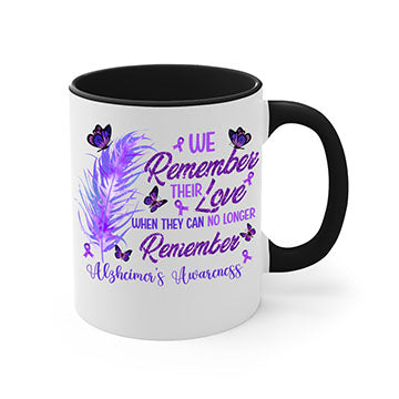 AlzheimerS Awareness Remember Love Mug with a glossy finish, featuring a colored handle and interior, available in multiple colors.