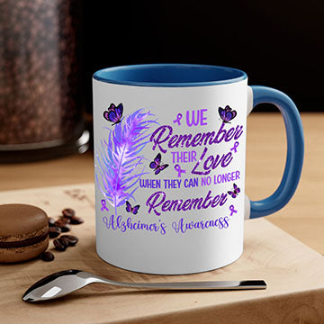 AlzheimerS Awareness Remember Love Mug with a glossy finish, featuring a colored handle and interior, available in multiple colors.
