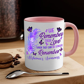 AlzheimerS Awareness Remember Love Mug with a glossy finish, featuring a colored handle and interior, available in multiple colors.