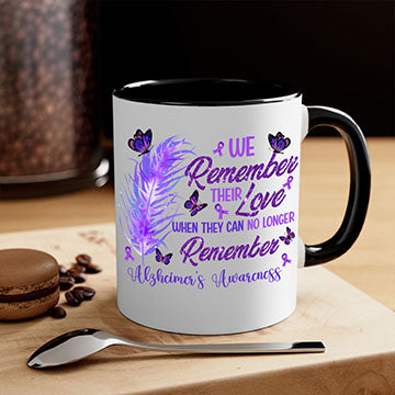 AlzheimerS Awareness Remember Love Mug with a glossy finish, featuring a colored handle and interior, available in multiple colors.
