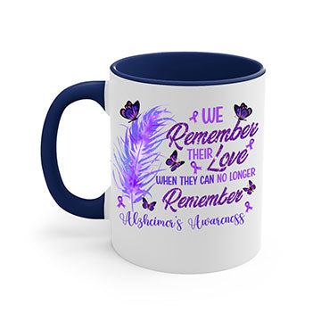AlzheimerS Awareness Remember Love Mug with a glossy finish, featuring a colored handle and interior, available in multiple colors.