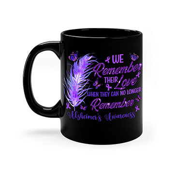AlzheimerS Awareness Remember Love Mug with a glossy finish, featuring a colored handle and interior, available in multiple colors.