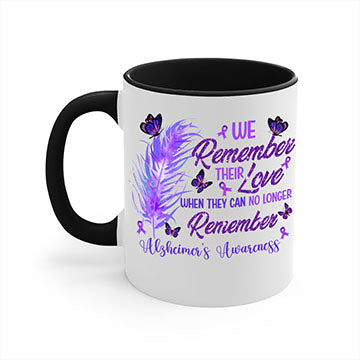 AlzheimerS Awareness Remember Love Mug with a glossy finish, featuring a colored handle and interior, available in multiple colors.