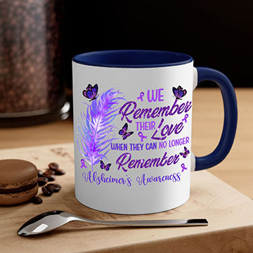 AlzheimerS Awareness Remember Love Mug with a glossy finish, featuring a colored handle and interior, available in multiple colors.