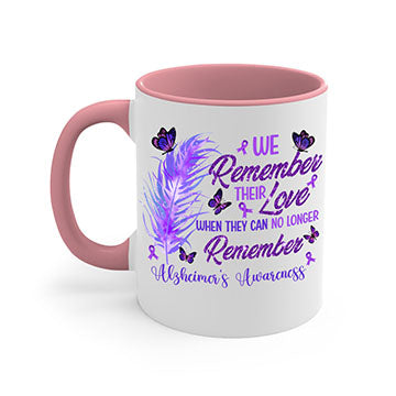 AlzheimerS Awareness Remember Love Mug with a glossy finish, featuring a colored handle and interior, available in multiple colors.