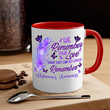 AlzheimerS Awareness Remember Love Mug with a glossy finish, featuring a colored handle and interior, available in multiple colors.