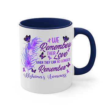 AlzheimerS Awareness Remember Love Mug with a glossy finish, featuring a colored handle and interior, available in multiple colors.