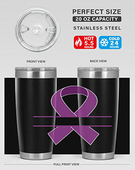 Alzheimer's Awareness Tumbler in 20oz and 30oz sizes, showcasing double wall vacuum stainless steel design with vibrant awareness print.