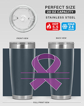 Alzheimer's Awareness Tumbler in 20oz and 30oz sizes, showcasing double wall vacuum stainless steel design with vibrant awareness print.