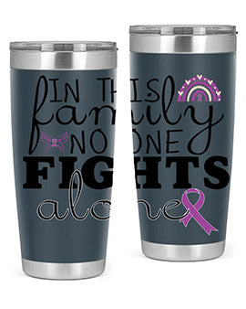 Alzheimer's Awareness Tumbler in 20oz and 30oz sizes, showcasing double wall stainless steel design with a drink-thru lid.