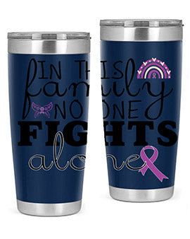 Alzheimer's Awareness Tumbler in 20oz and 30oz sizes, showcasing double wall stainless steel design with a drink-thru lid.