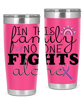Alzheimer's Awareness Tumbler in 20oz and 30oz sizes, showcasing double wall stainless steel design with a drink-thru lid.