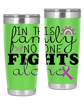 Alzheimer's Awareness Tumbler in 20oz and 30oz sizes, showcasing double wall stainless steel design with a drink-thru lid.
