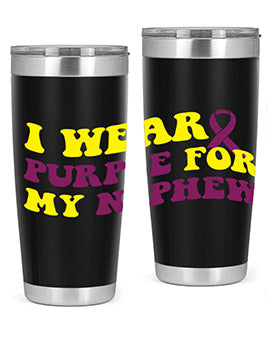 Alzheimer's Awareness Tumbler in 20oz and 30oz sizes, showcasing double wall vacuum stainless steel design with a drink-thru lid.