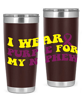 Alzheimer's Awareness Tumbler in 20oz and 30oz sizes, showcasing double wall vacuum stainless steel design with a drink-thru lid.