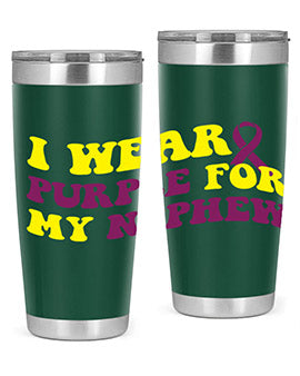 Alzheimer's Awareness Tumbler in 20oz and 30oz sizes, showcasing double wall vacuum stainless steel design with a drink-thru lid.