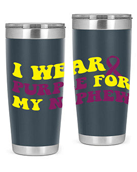 Alzheimer's Awareness Tumbler in 20oz and 30oz sizes, showcasing double wall vacuum stainless steel design with a drink-thru lid.